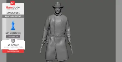 A 3D model of a man in a long coat and hat, holding two guns, designed for 3D printing.