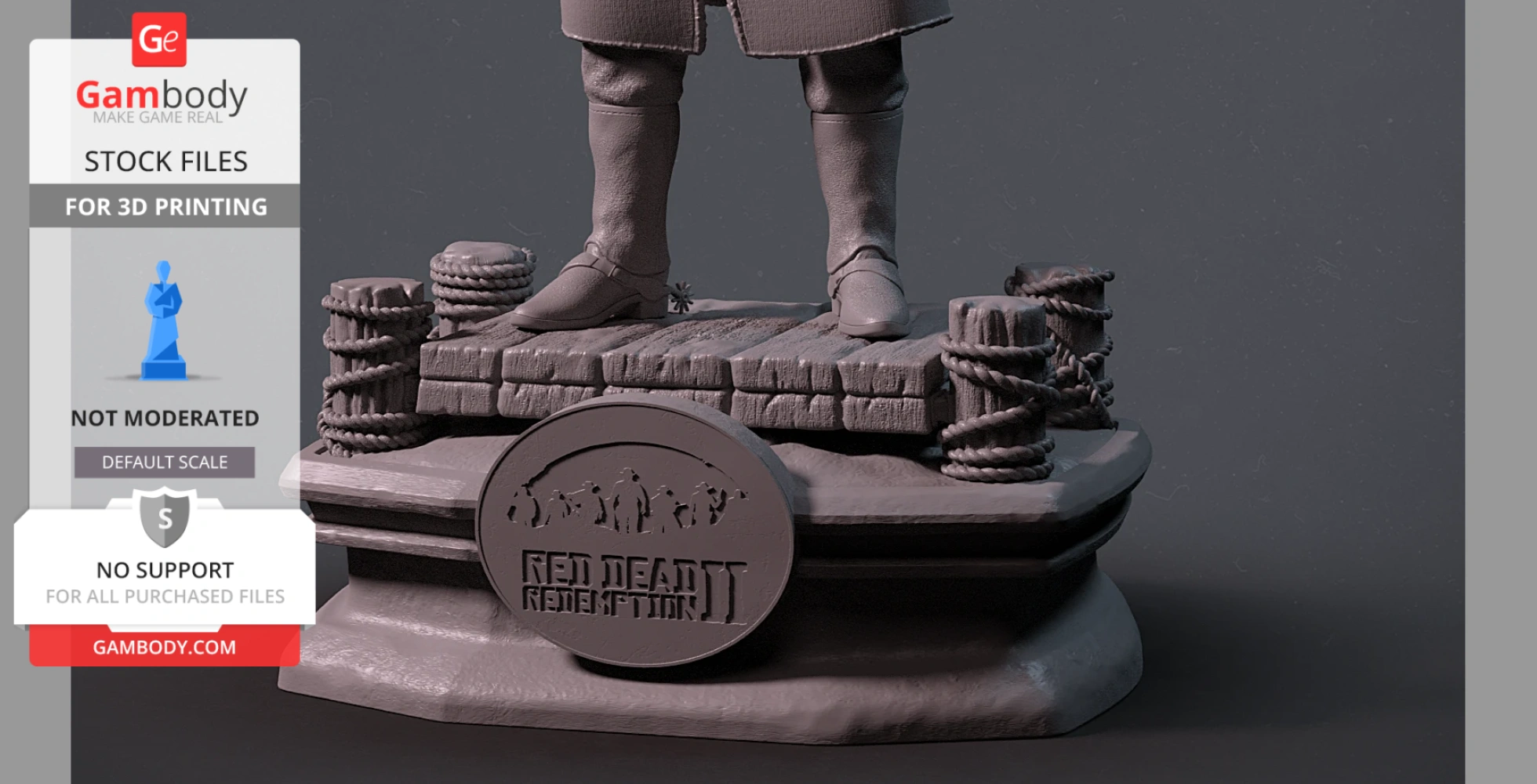 3D-printed figure base with boots on a wooden platform, featuring the 'Red Dead Redemption II' logo.