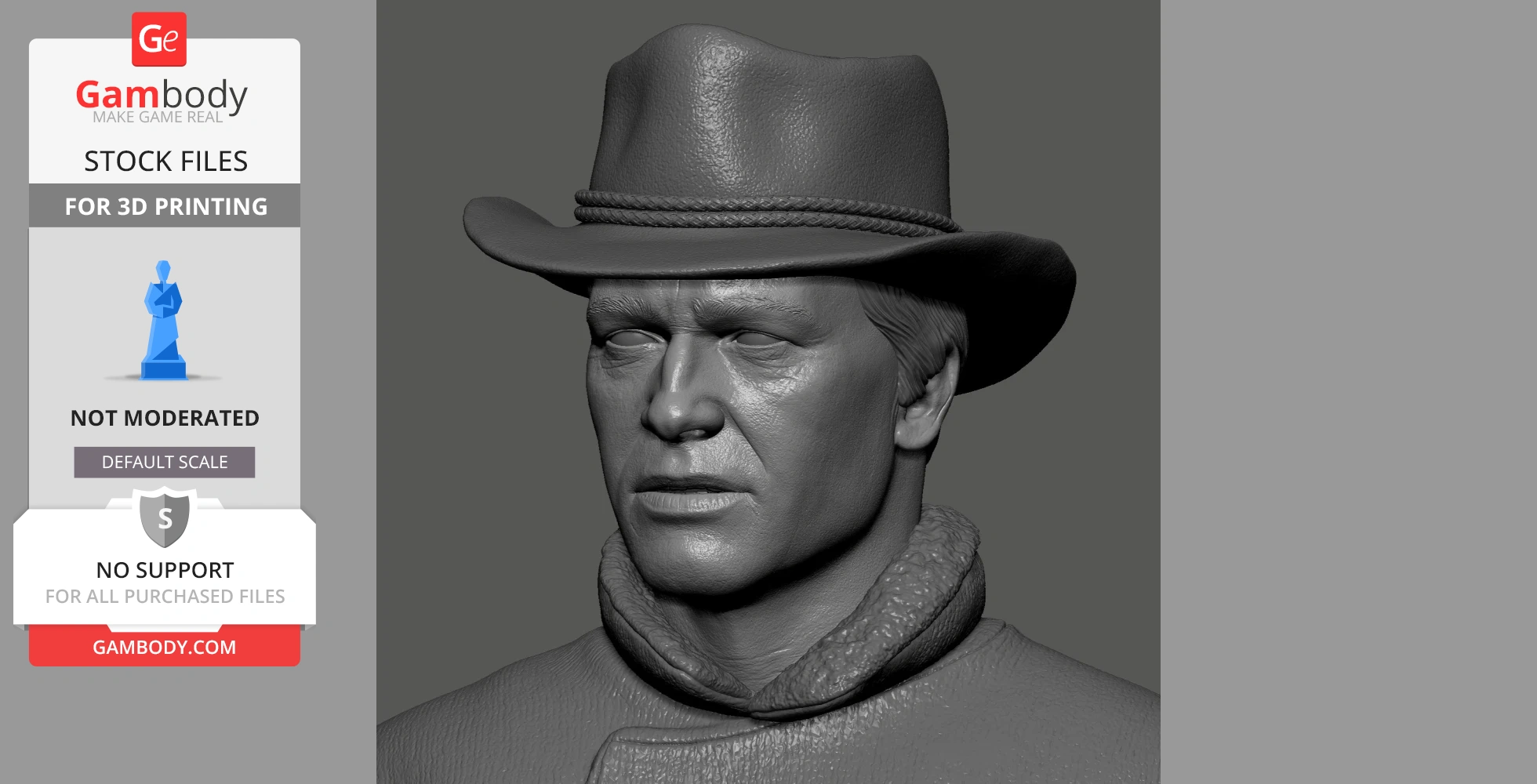 3D model of a man in a cowboy hat and coat, suitable for 3D printing.