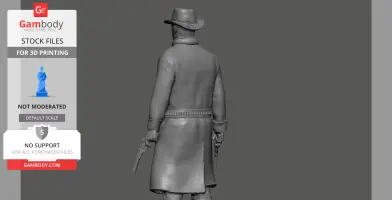 A 3D model of a cowboy in a long coat and hat, holding guns, viewed from the back.