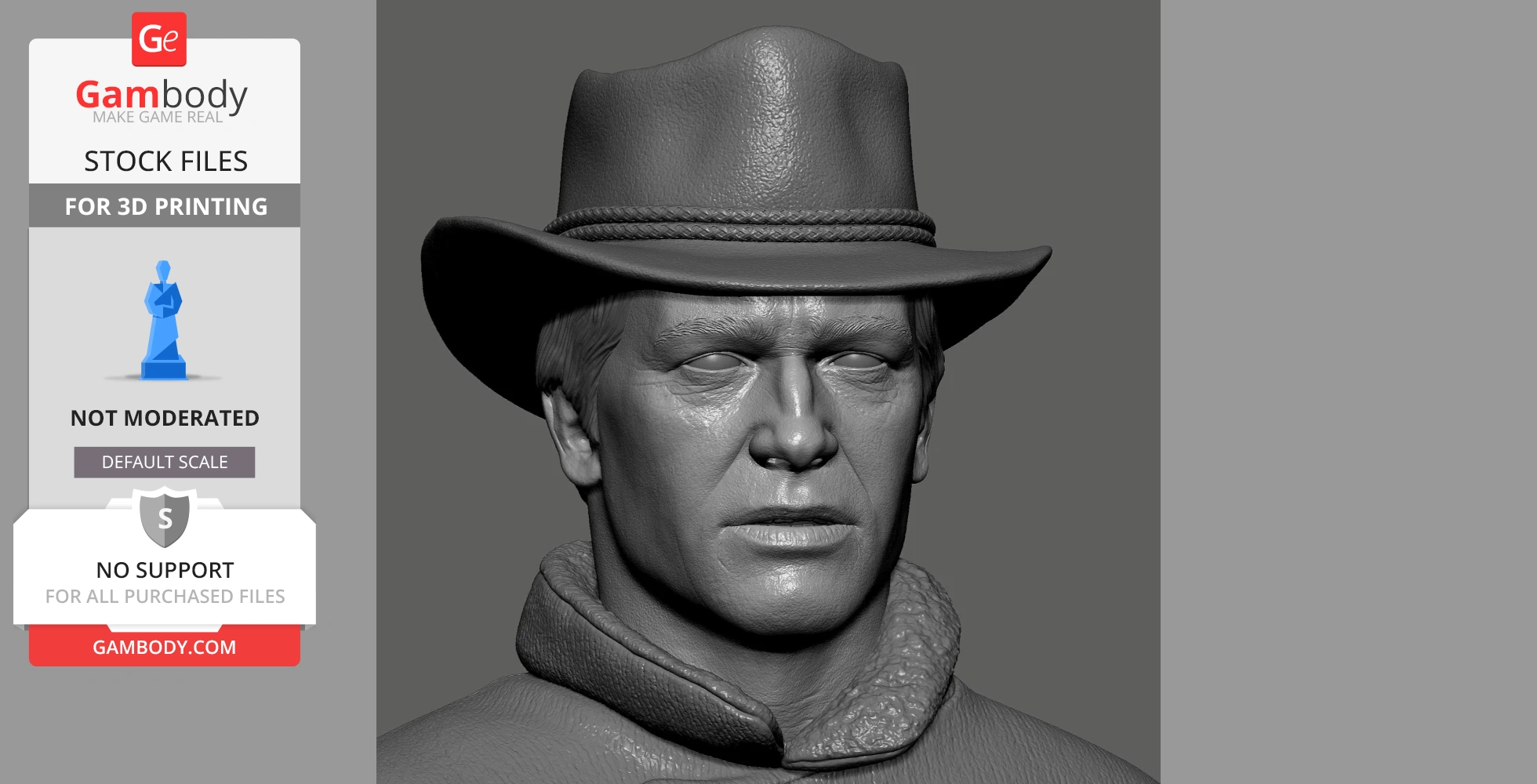 A detailed 3D model of a man wearing a cowboy hat and jacket, intended for 3D printing.