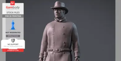 3D model of a cowboy figure wearing a long coat and hat, ready for 3D printing.