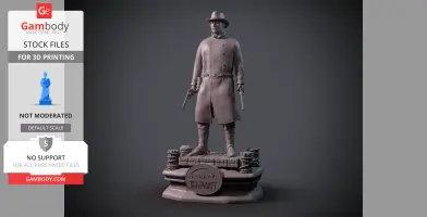 3D model of a cowboy with guns, wearing a long coat and hat, standing on a detailed base.
