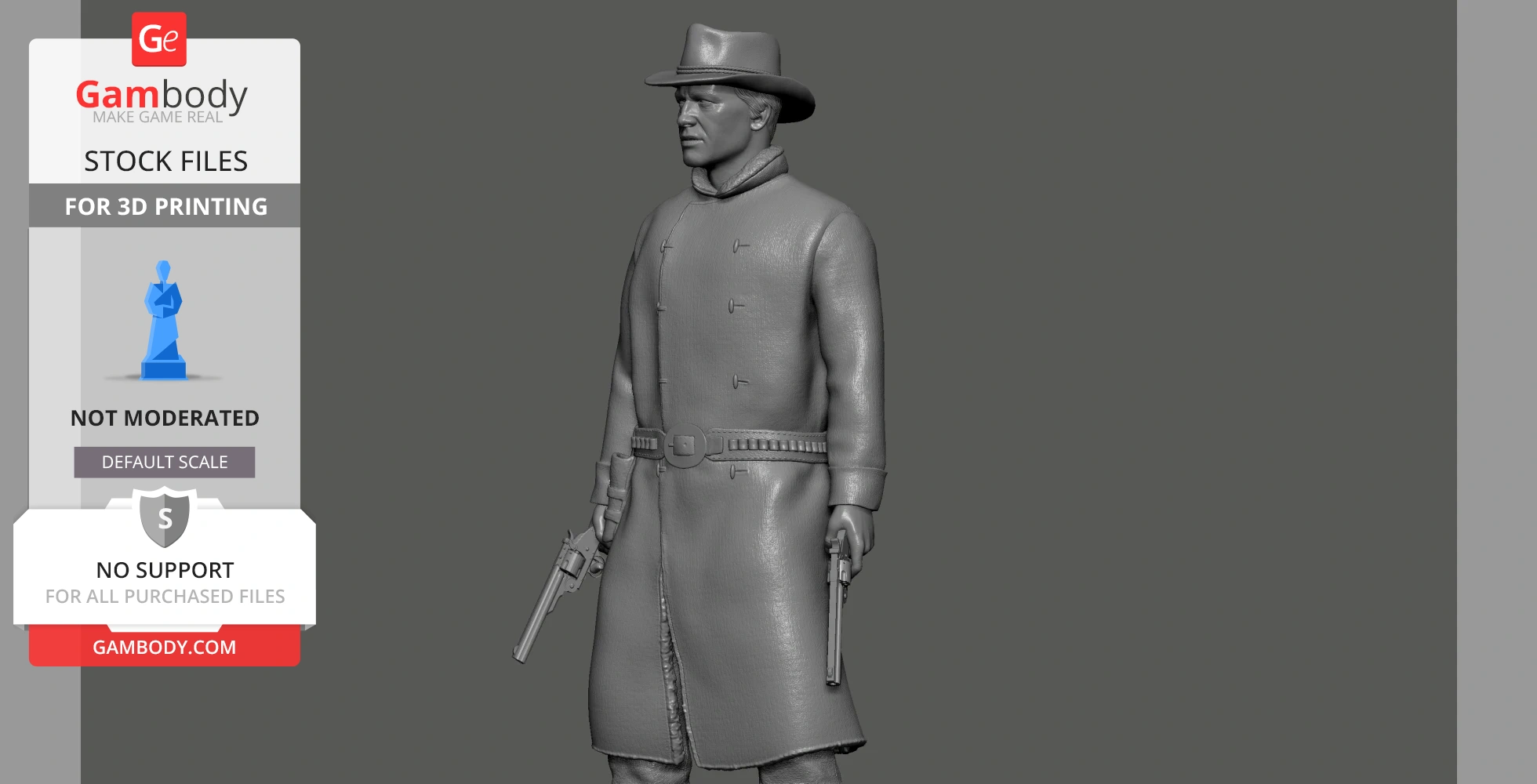 3D model of a cowboy in a long coat and hat, holding pistols, meant for 3D printing.