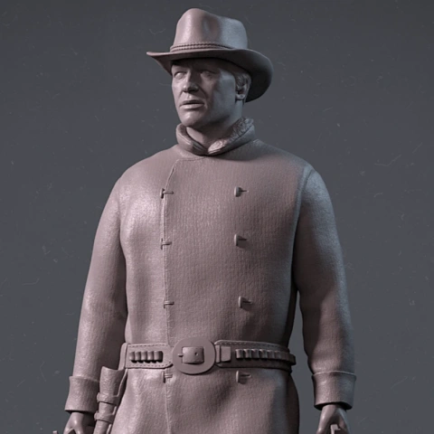 A detailed 3D model of a cowboy in a coat and hat, designed for 3D printing.