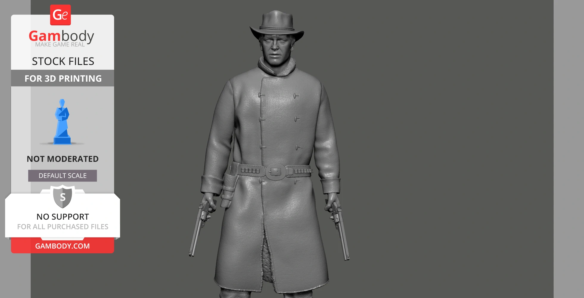 A 3D model of a man in a long coat and hat, holding two guns, designed for 3D printing.