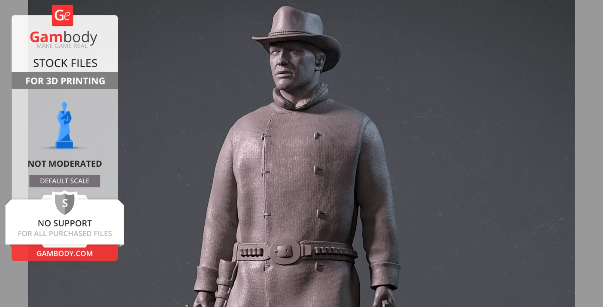 3D model of a cowboy figure wearing a long coat and hat, ready for 3D printing.
