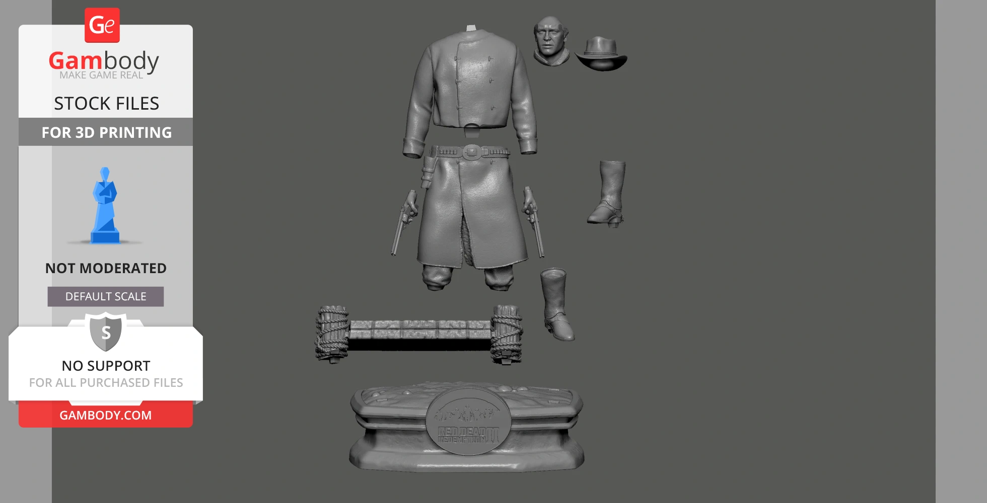 A disassembled 3D model of a cowboy with clothing, guns, boots, hat, and a base for printing.
