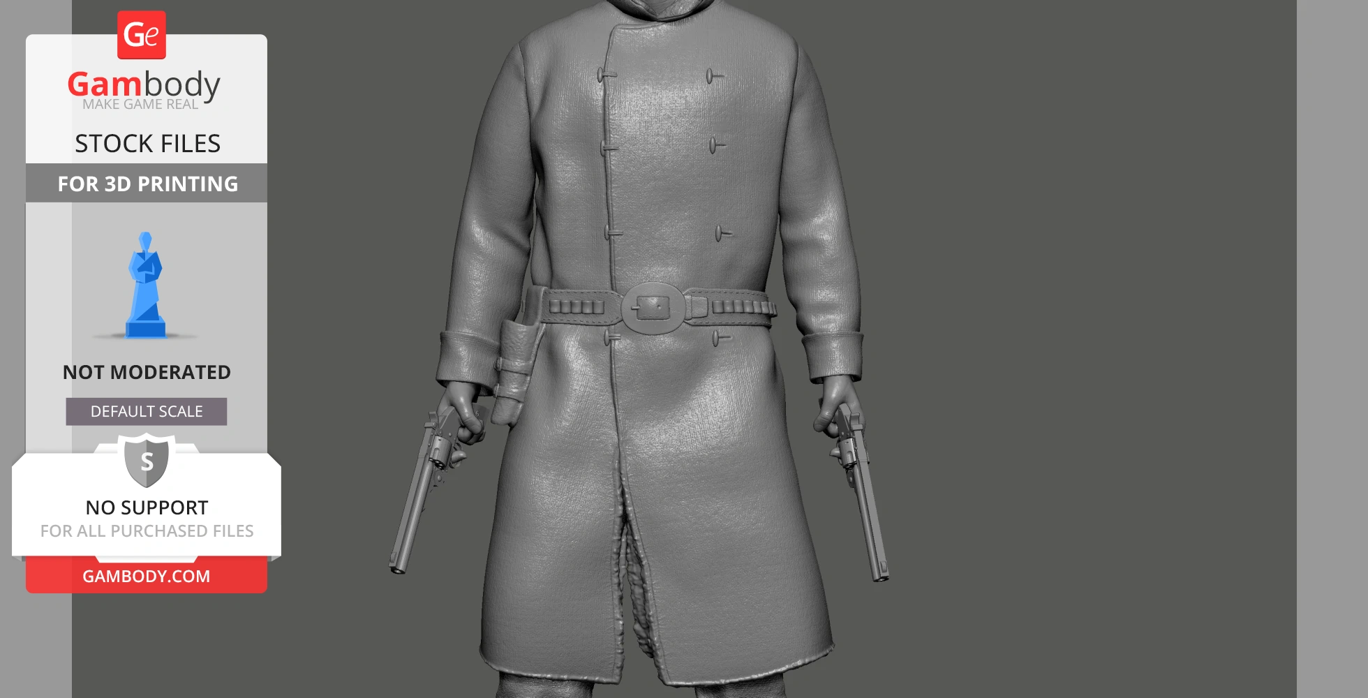 A 3D model of a figure in a long coat holding two pistols, designed for 3D printing.