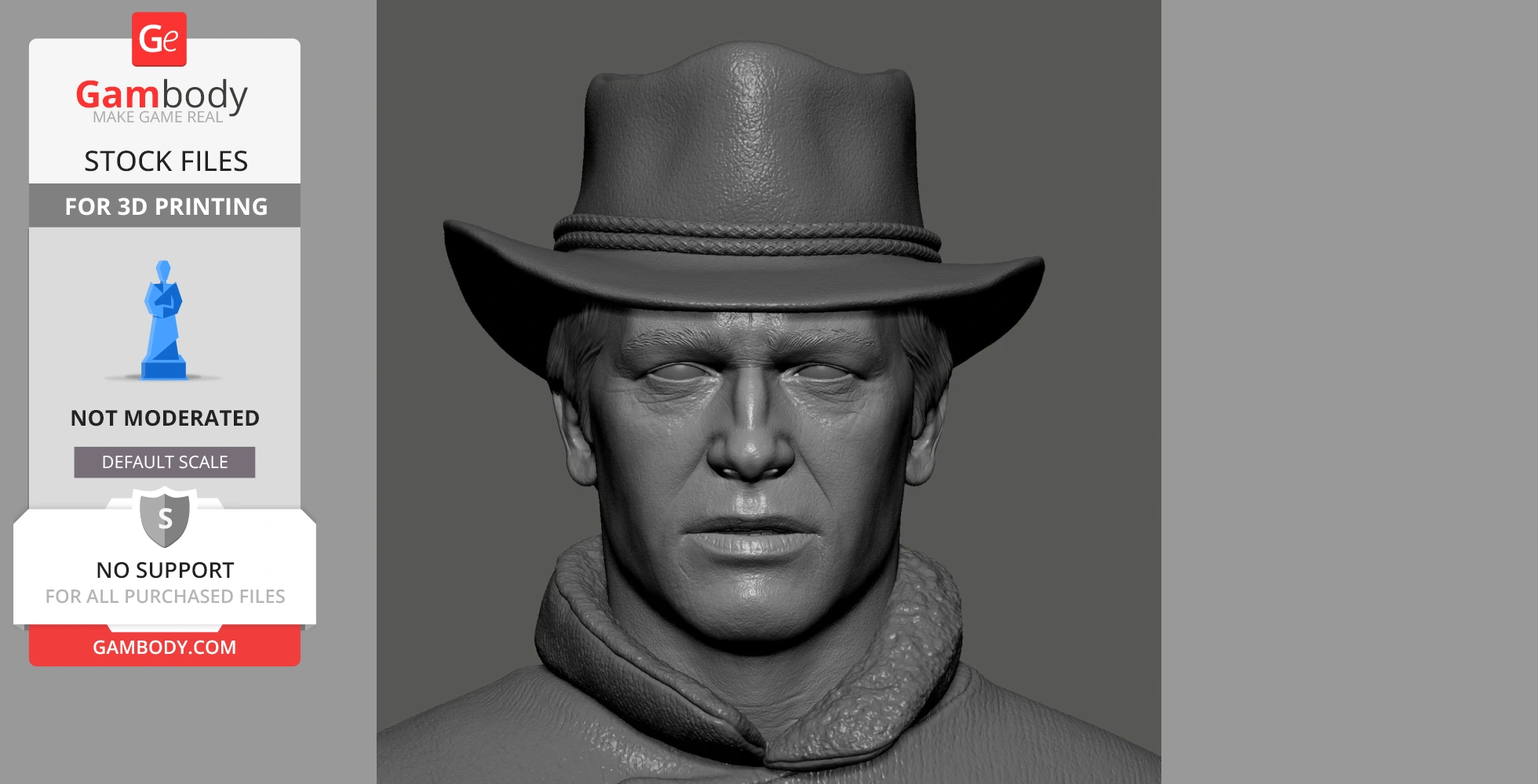 3D model of a rugged man wearing a cowboy hat and jacket, intended for 3D printing.