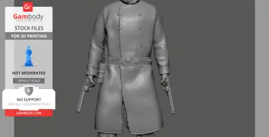 A 3D model of a figure in a long coat holding two pistols, designed for 3D printing.