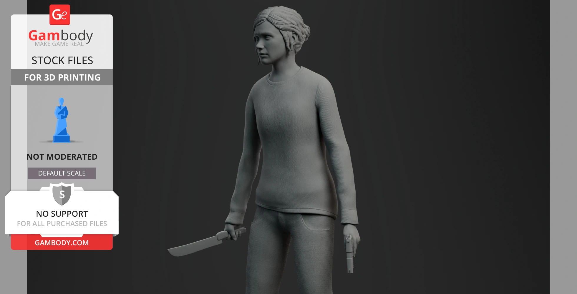 A 3D model of a person holding a knife and a gun, wearing casual clothing, with a focused expression.