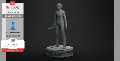 A 3D model of a girl holding a knife and gun, standing on a 'The Last of Us' themed base.