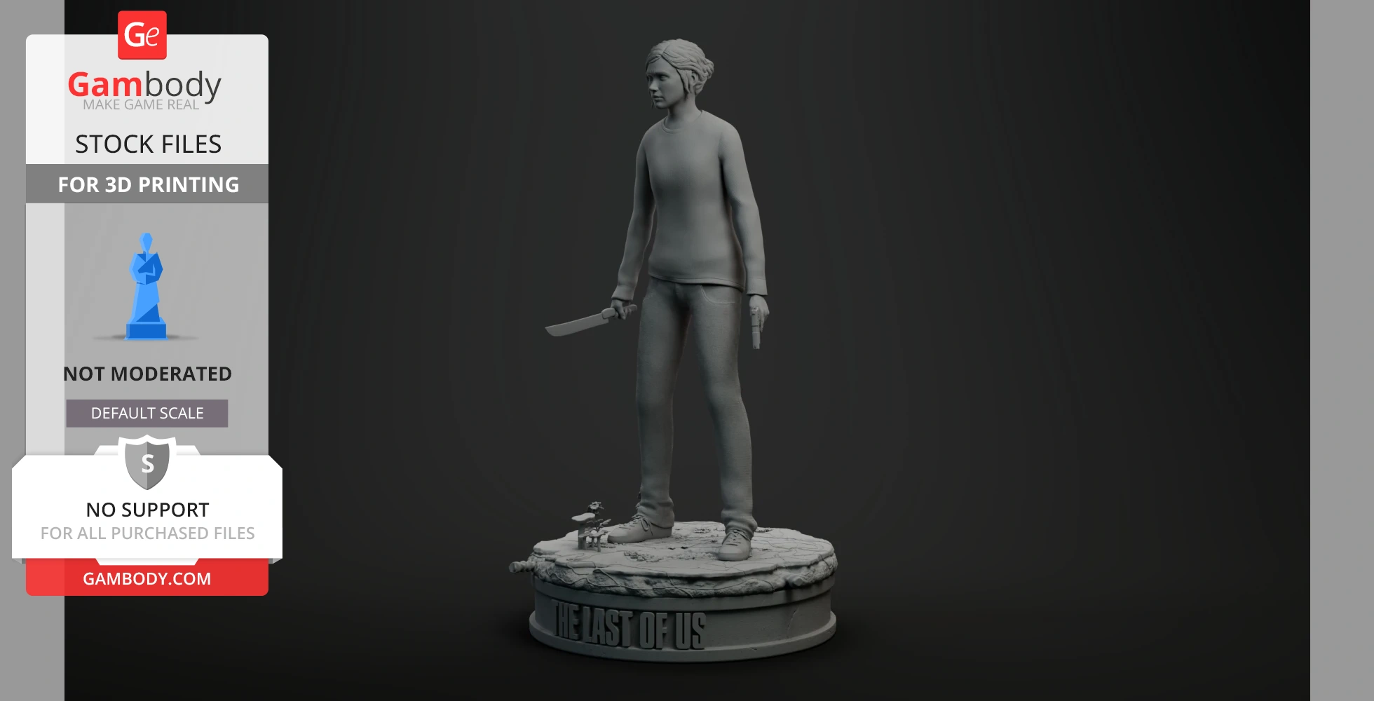 A 3D model of a girl holding a knife and gun, standing on a 'The Last of Us' themed base.