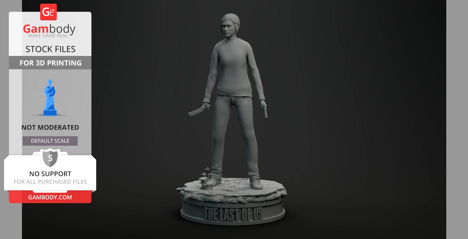 3D model of a standing figure holding weapons, on a base labeled 'The Last of Us.'