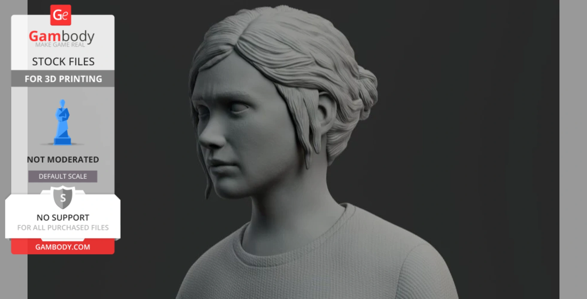 STL file of a detailed character bust for 3D printing, featuring a young person with textured hair and clothing.
