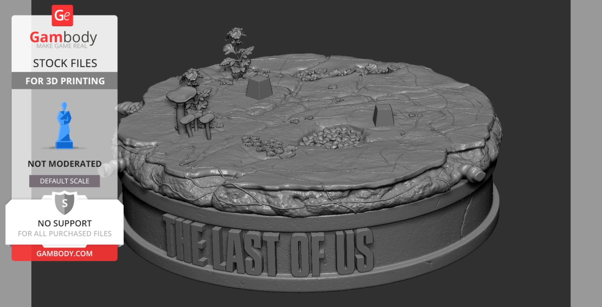 A round 3D model base with terrain details, foliage, and 'The Last of Us' text engraved.