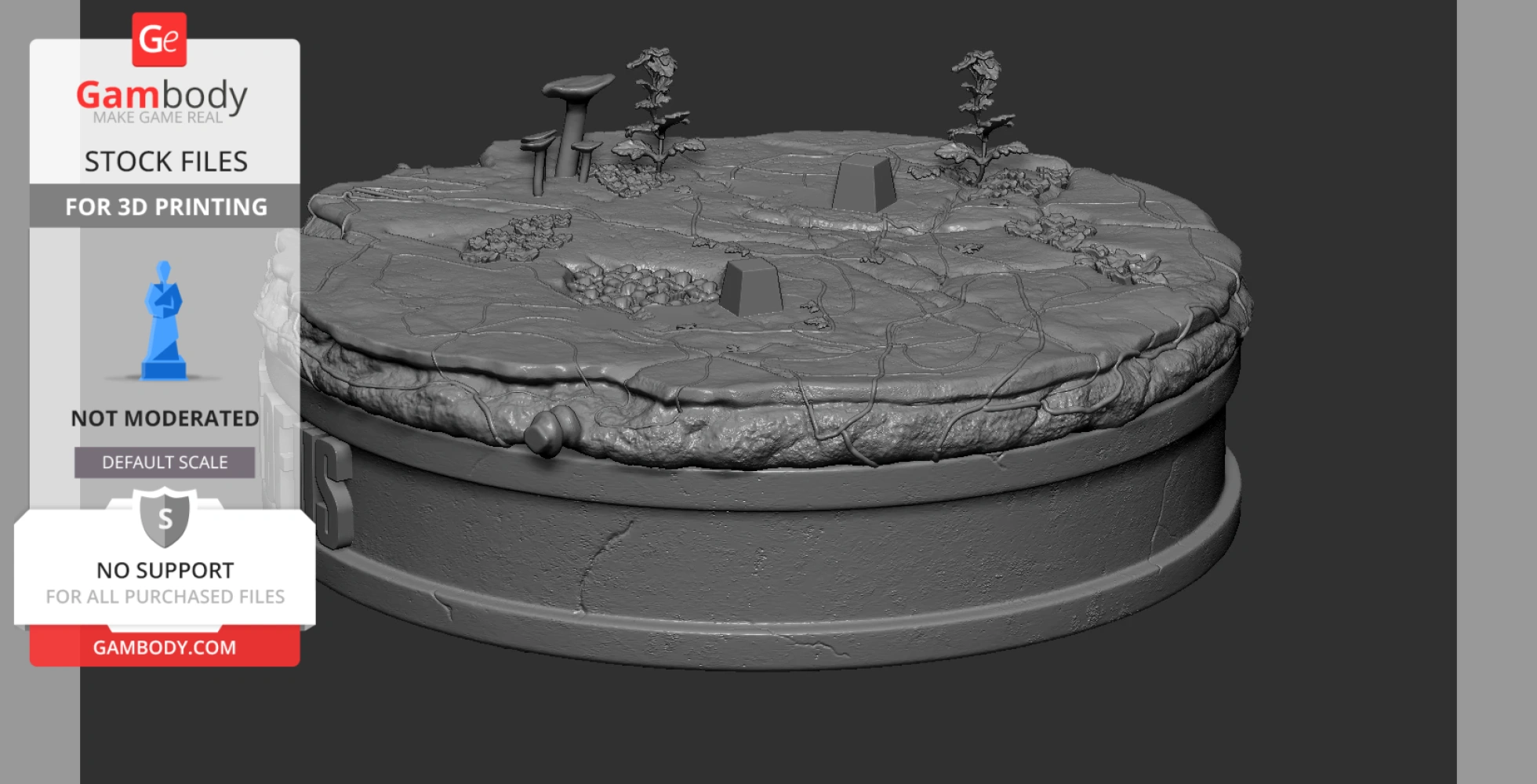 Detailed 3D model base with overgrown terrain and scattered rocks, designed for 3D printing.