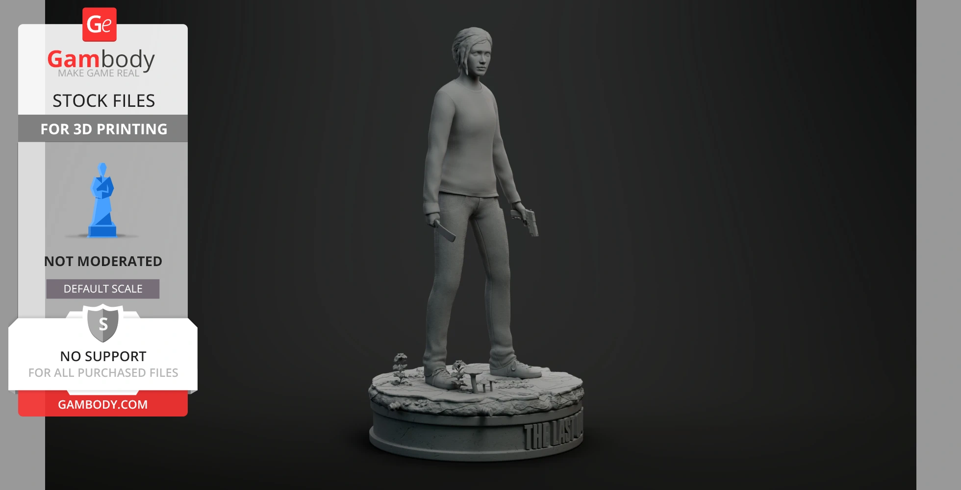 3D model of a person standing on a textured base, holding a gun and a knife, ready for 3D printing.