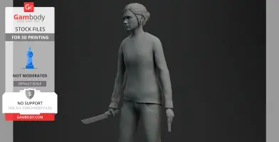 A 3D model of a person holding a knife and a gun, wearing casual clothing, with a focused expression.