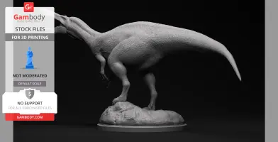 3D model of a Suchomimus dinosaur, standing on a rock, intended for 3D printing.