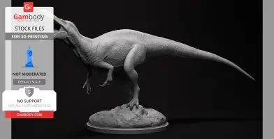 A detailed 3D model of a Suchomimus dinosaur standing on a rocky base, designed for 3D printing.