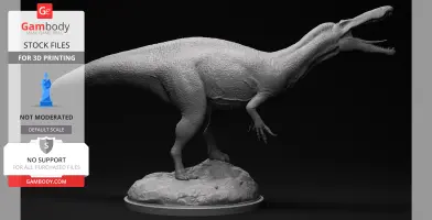 3D model of a Suchomimus dinosaur, detailed texture, standing on a rocky base, for 3D printing.