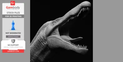 3D model of a roaring Suchomimus dinosaur head with detailed teeth and textured skin for 3D printing.