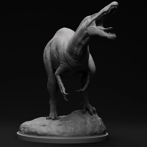 A detailed 3D model of a roaring Suchomimus dinosaur on a display base.
