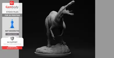 A roaring Suchomimus dinosaur 3D model standing on a rocky base for printing.
