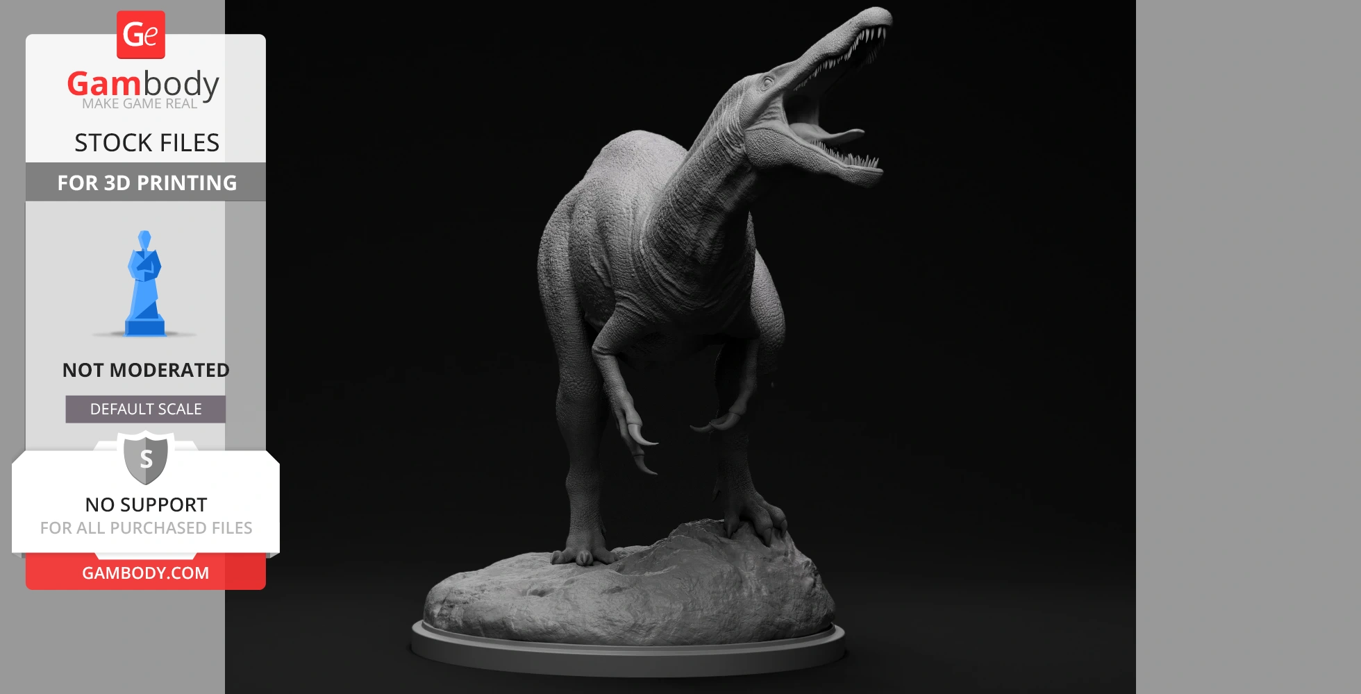 A roaring Suchomimus dinosaur 3D model standing on a rocky base for printing.