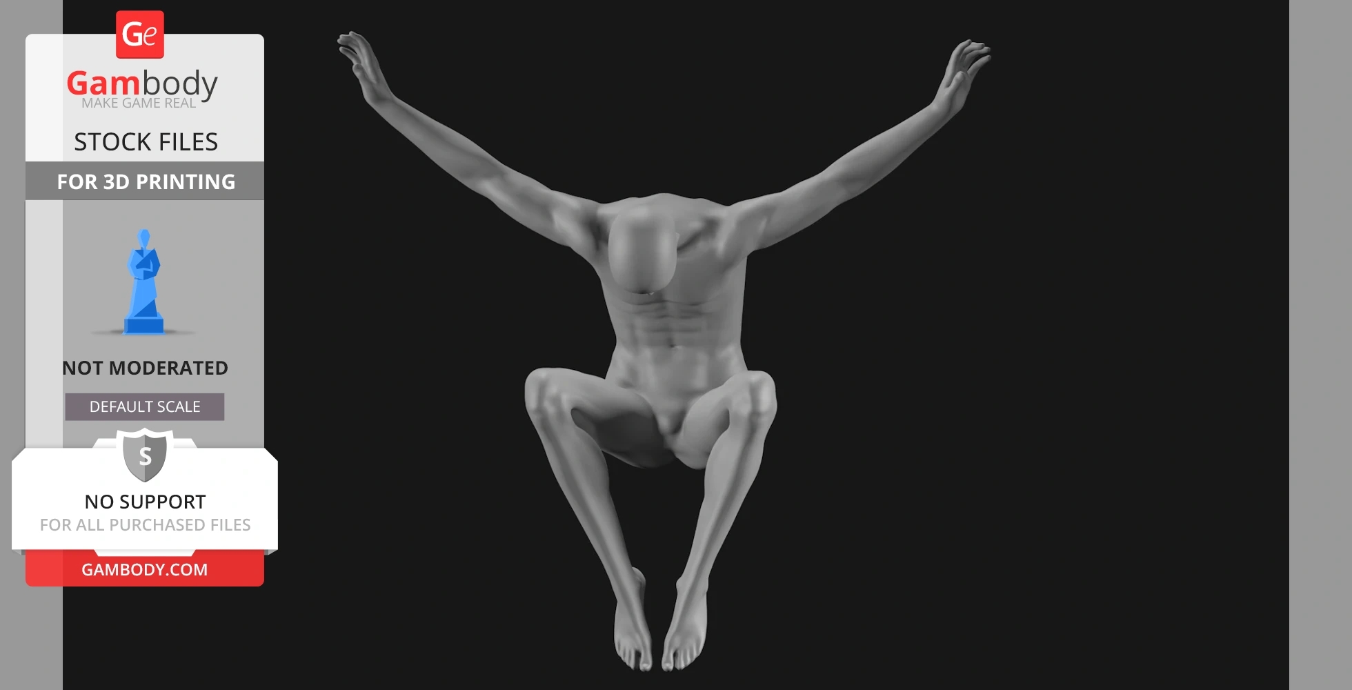 3D mannequin model in a crouched position with arms extended upward.