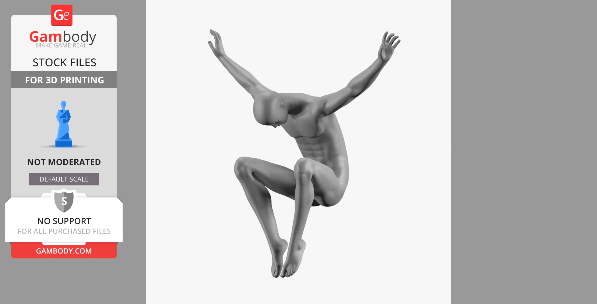 A 3D printable model of a mannequin in a crouched position with arms raised.