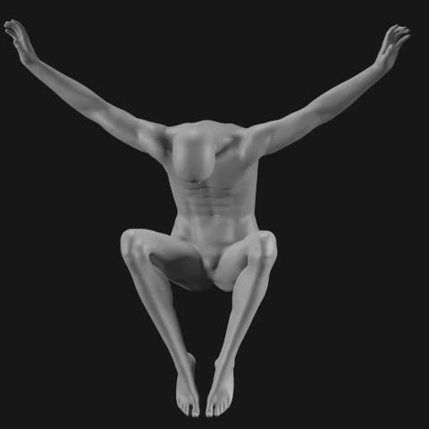 Faceless 3D mannequin in a kneeling pose with arms extended upwards, for 3D printing.