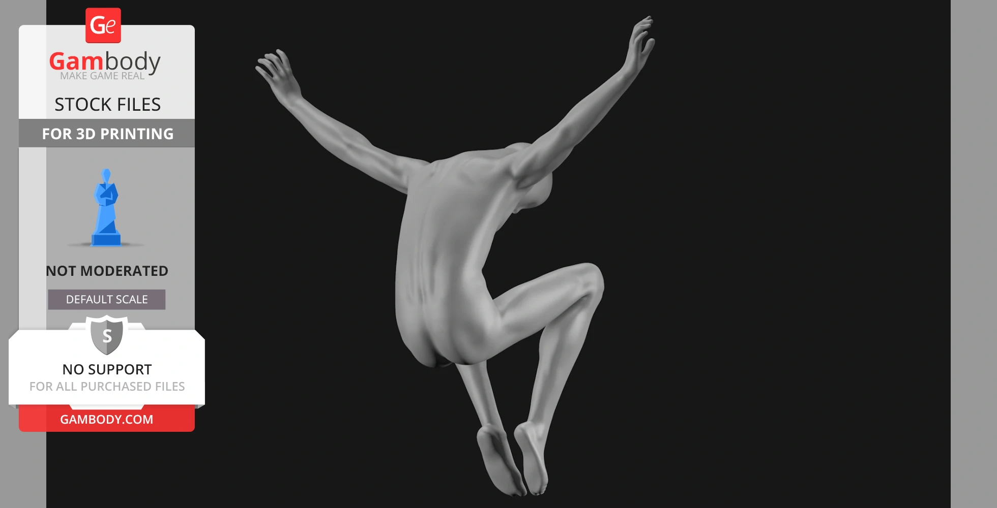 A 3D model of a headless humanoid figure in a dynamic, leaping pose with arms raised.