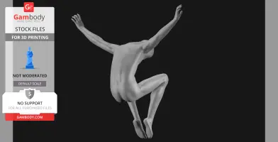 A 3D model of a headless humanoid figure in a dynamic, leaping pose with arms raised.