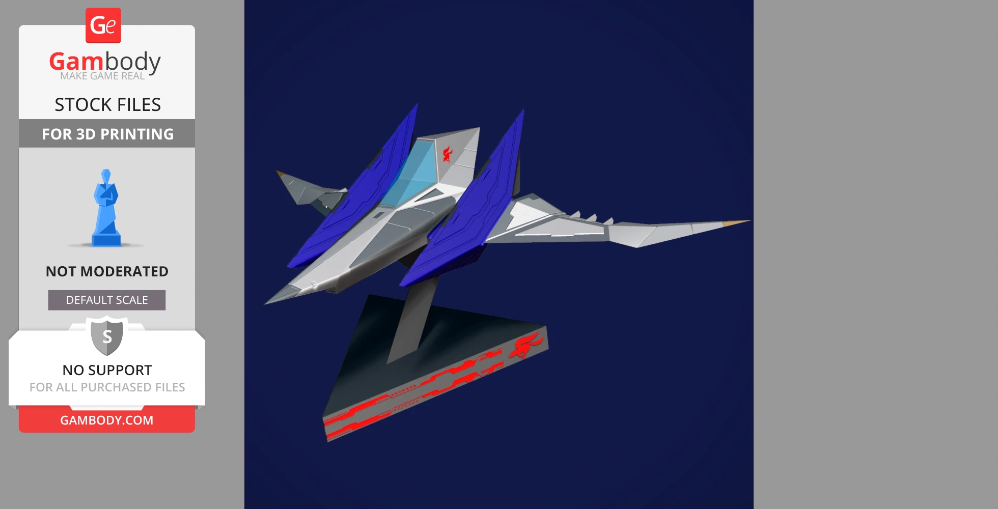 Futuristic starfighter model with sleek design, blue wings, and stand, from Star Fox series.
