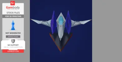 A stylized 3D model of the Arwing spacecraft with blue and gray wings set for 3D printing.