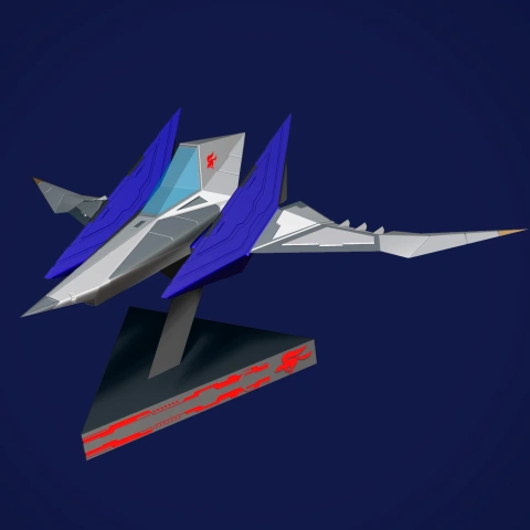 Futuristic spaceship model with angular wings, blue accents, mounted on a display stand.