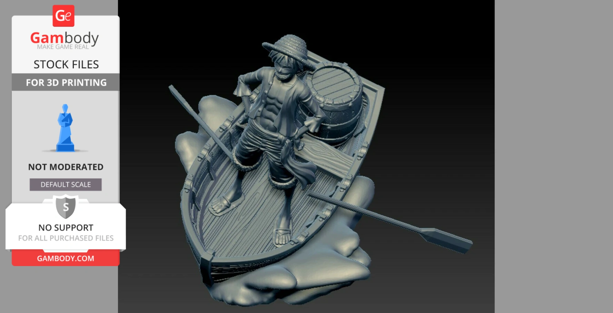 A 3D model of a character with a straw hat standing confidently on a small wooden boat, holding oars.