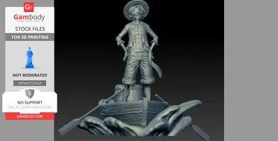 Character model in pirate attire stands confidently on a small boat amidst waves.