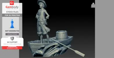 A figure in a straw hat stands confidently on a boat with a barrel and oar, detailed 3D print model.