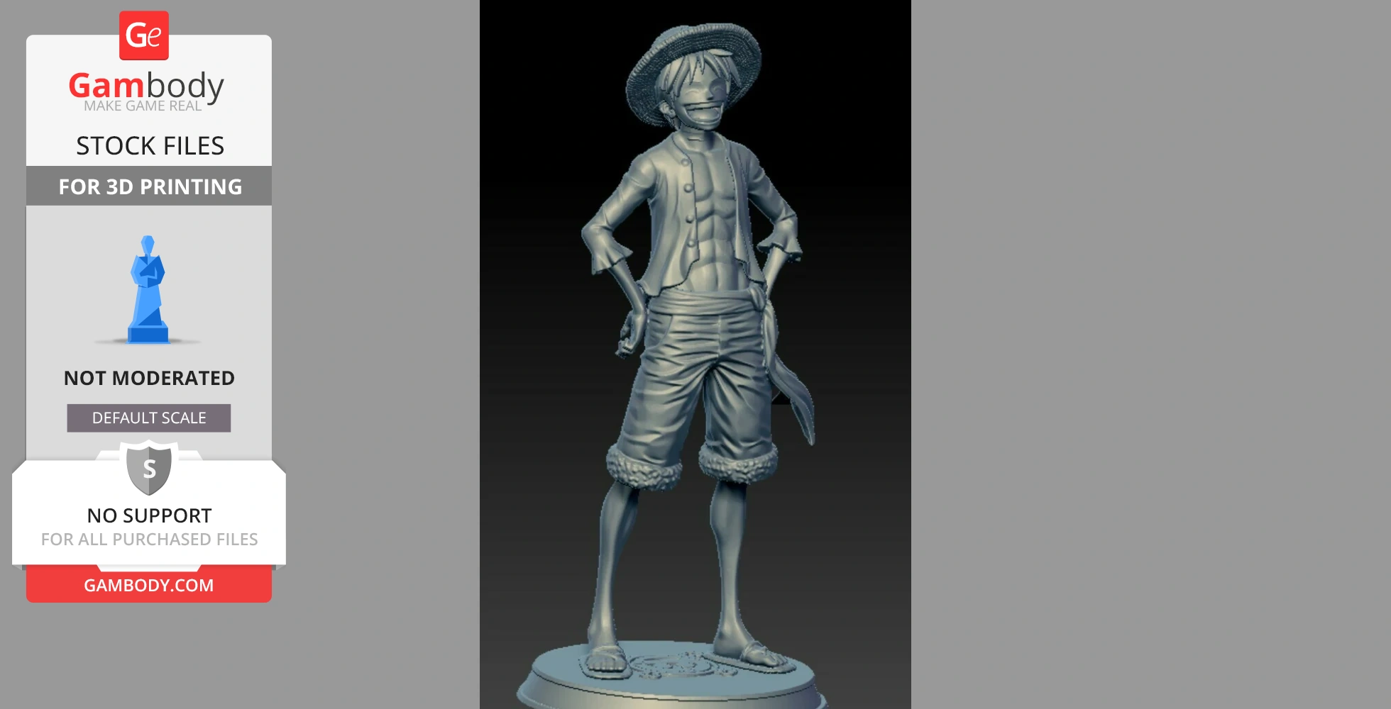 3D model of a cartoon pirate with a straw hat, open vest, and shorts, posed with hands on hips.