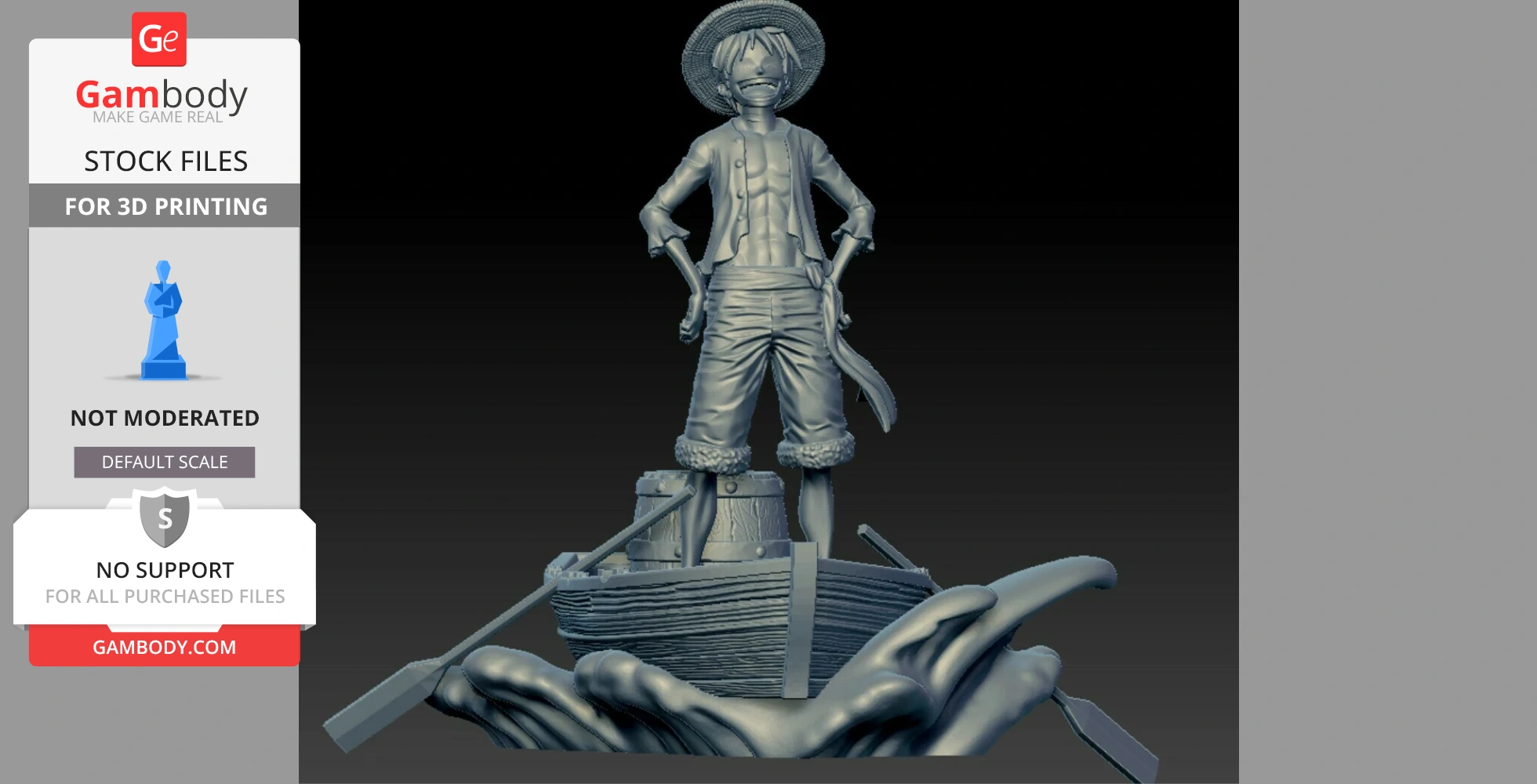Character model in pirate attire stands confidently on a small boat amidst waves.