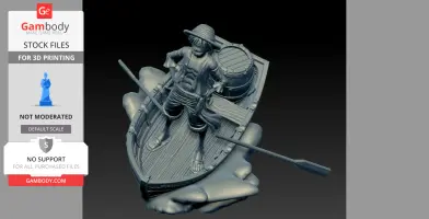 A 3D model of a character with a straw hat standing confidently on a small wooden boat, holding oars.