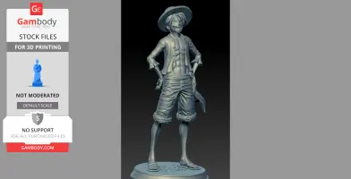 3D model of a character with a hat, open shirt, and shorts, standing confidently on a round base.