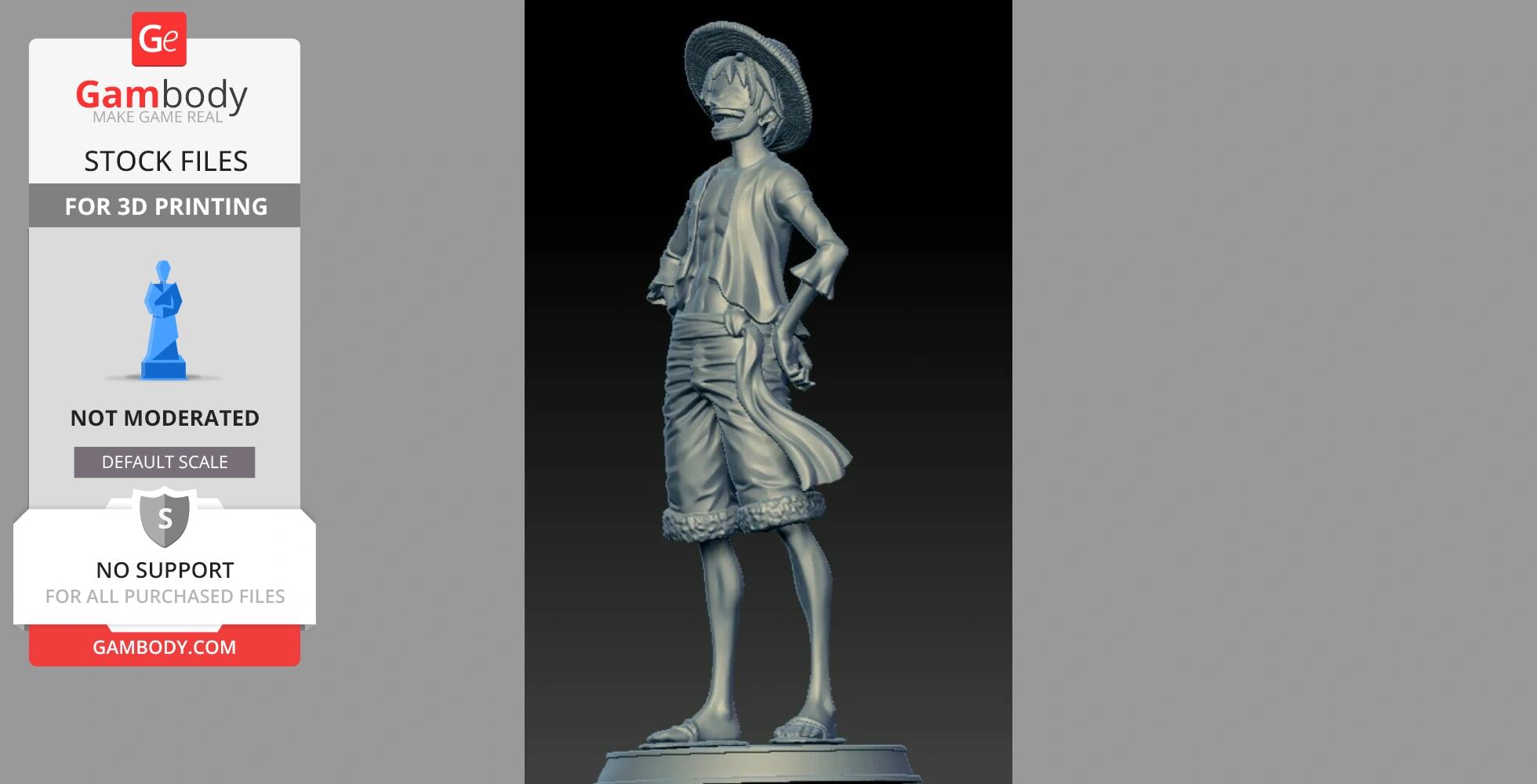 3D model of a grinning character in a straw hat and open shirt, on a circular base.