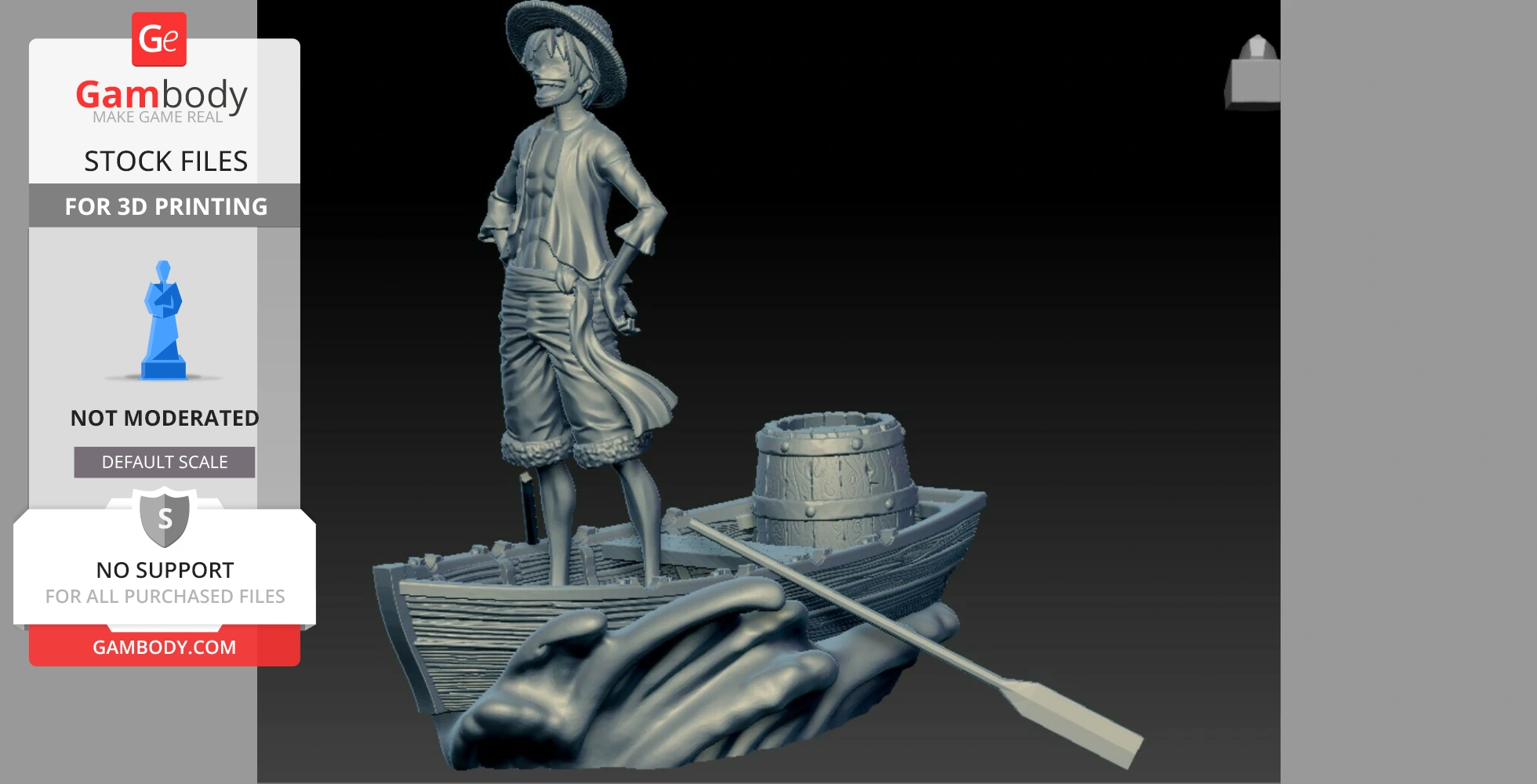 A 3D model of a character with a straw hat standing on a boat, next to a barrel and oar, ready for printing.