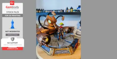 A diorama featuring a character and a large mechanical creature on a stone platform, with paint bottles in the background.