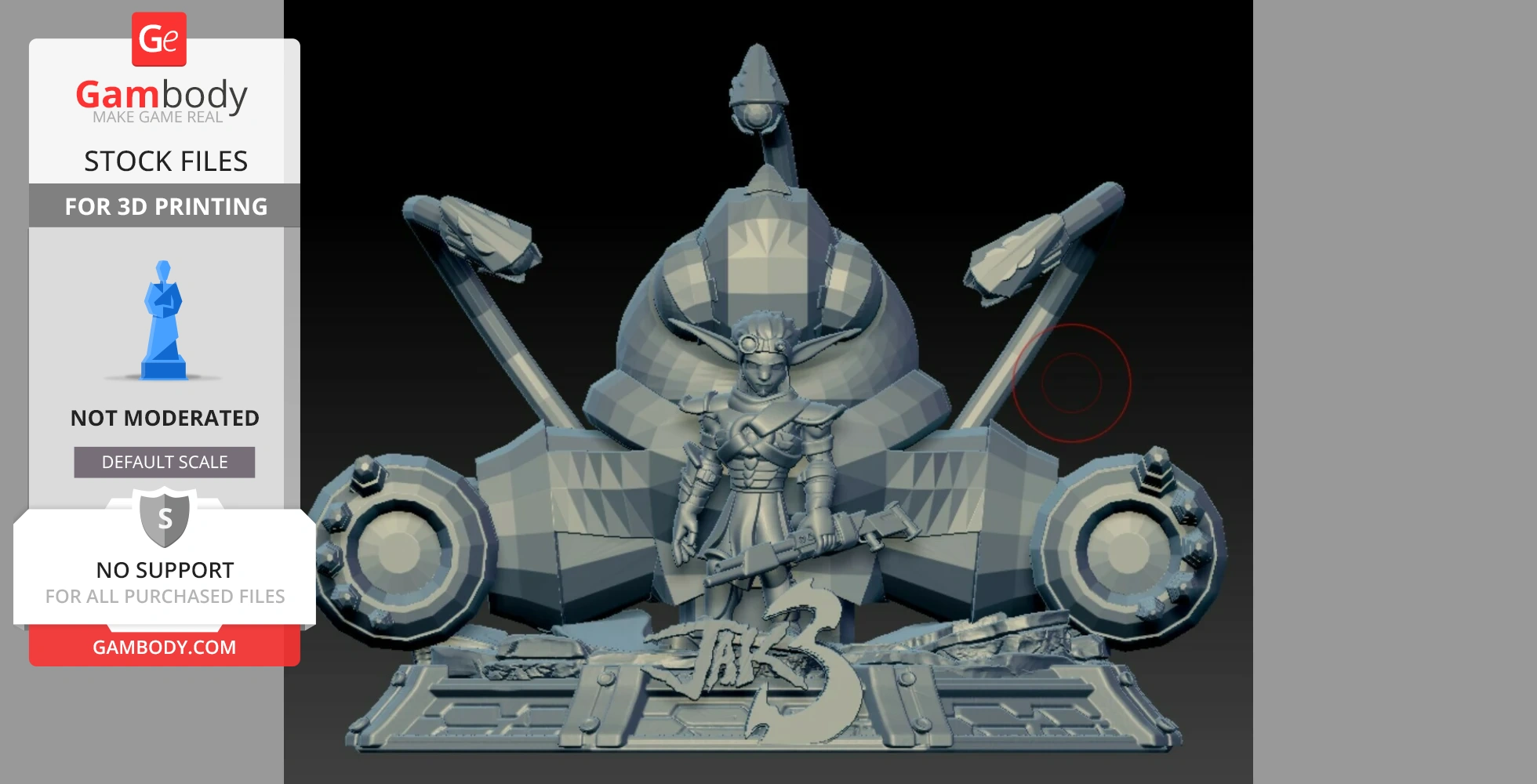 A 3D-printed diorama of a character in armor with goggles, standing in front of futuristic machinery, labeled 'Jak 3'.